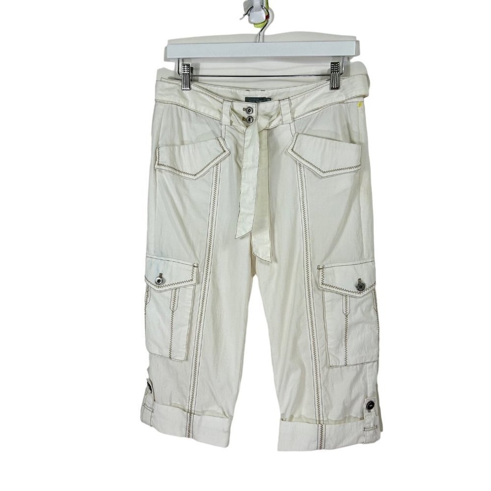 Marc Aurel Pants Women 8 White Belted Capri Cargo Pockets Contrast Stitching